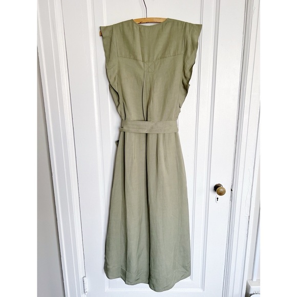 REISS • Emma Plunge Frill Shoulder Dress green midi button front tie waist belt - Picture 13 of 14